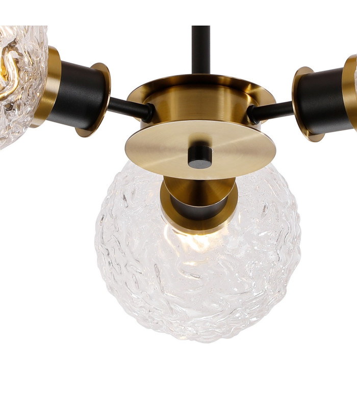 Placid 53cm Semi Ceiling 3 Light E14 15cm Round Textured Crumple Glass Shade Brass Clear & Satin Black-7