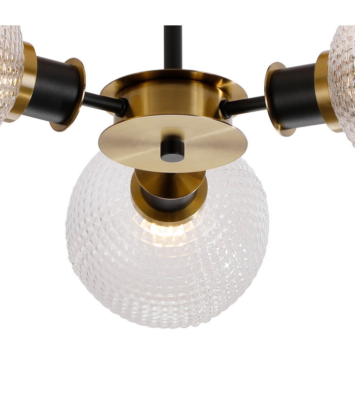 Placid 53cm Semi Ceiling 3 Light E14 15cm Round Textured Diamond Pattern Glass Shade Brass Clear & Satin Black-7