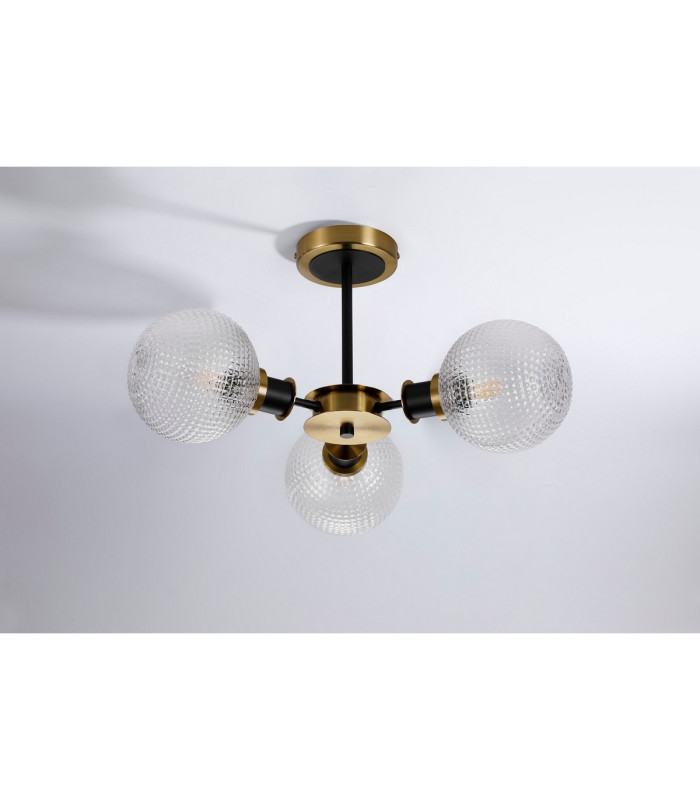 Placid 53cm Semi Ceiling 3 Light E14 15cm Round Textured Diamond Pattern Glass Shade Brass Clear & Satin Black-8