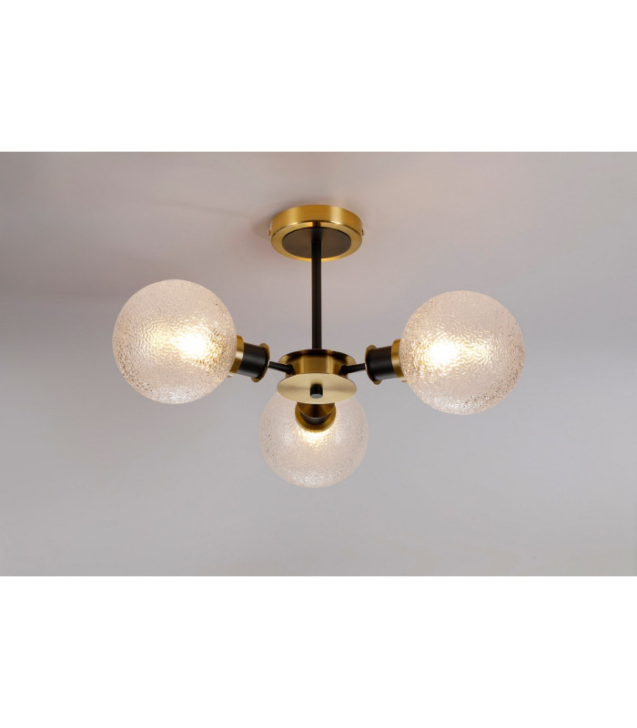 Placid 53cm Semi Ceiling 3 Light E14 15cm Round Dimpled Glass Shade Brass Clear & Satin Black-3