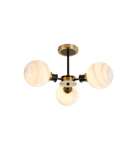 Placid 53cm Semi Ceiling 3 Light E14 15cm Round White & Grey Marble Effect Glass Shade Brass & Satin Black Framework-1