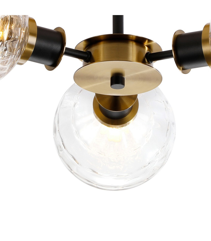 Placid 53cm Semi Ceiling 3 Light E14 15cm Round Textured Melting Glass Shade Brass Clear & Satin Black-7