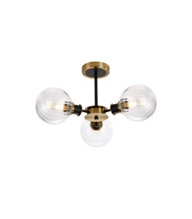 Placid 53cm Semi Ceiling 3 Light E14 15cm Round Segment Glass Shade Brass Clear & Satin Black-1