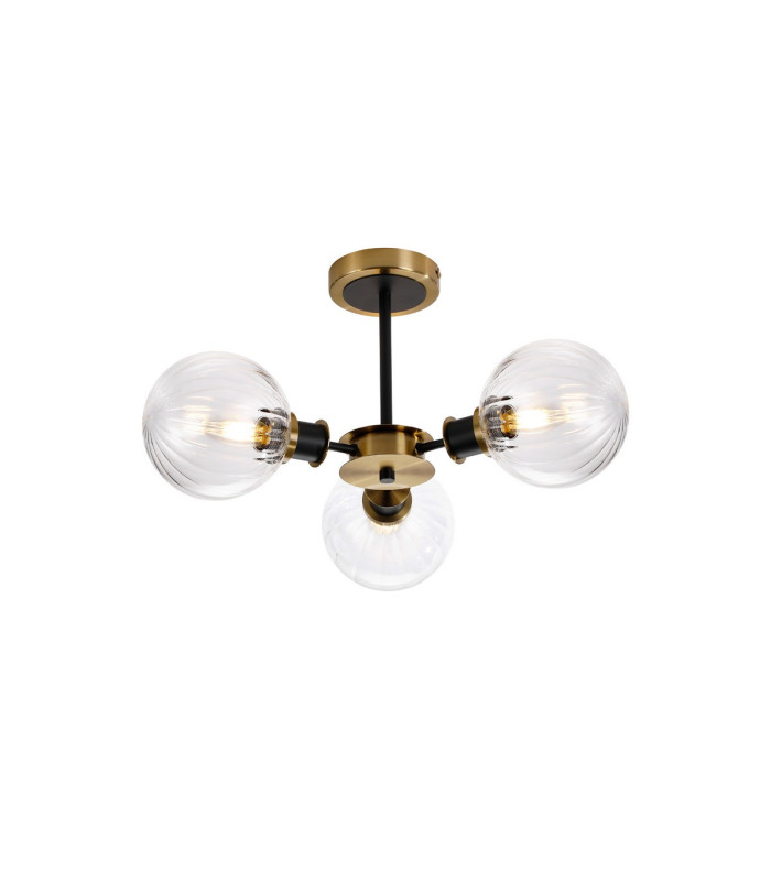 Placid 53cm Semi Ceiling 3 Light E14 15cm Round Segment Glass Shade Brass Clear & Satin Black-1