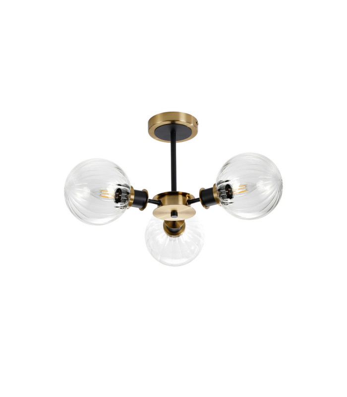 Placid 53cm Semi Ceiling 3 Light E14 15cm Round Segment Glass Shade Brass Clear & Satin Black-4