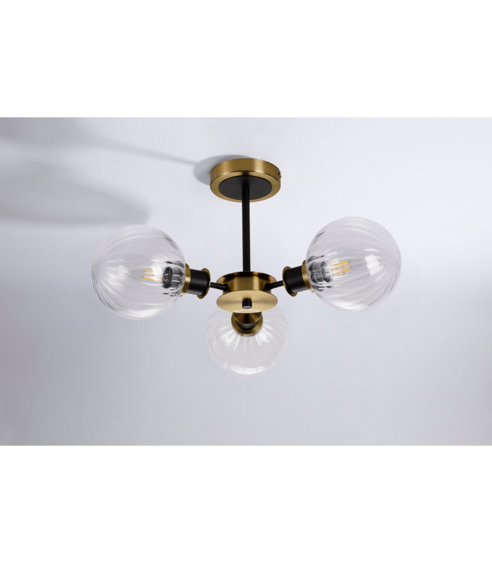Placid 53cm Semi Ceiling 3 Light E14 15cm Round Segment Glass Shade Brass Clear & Satin Black-8