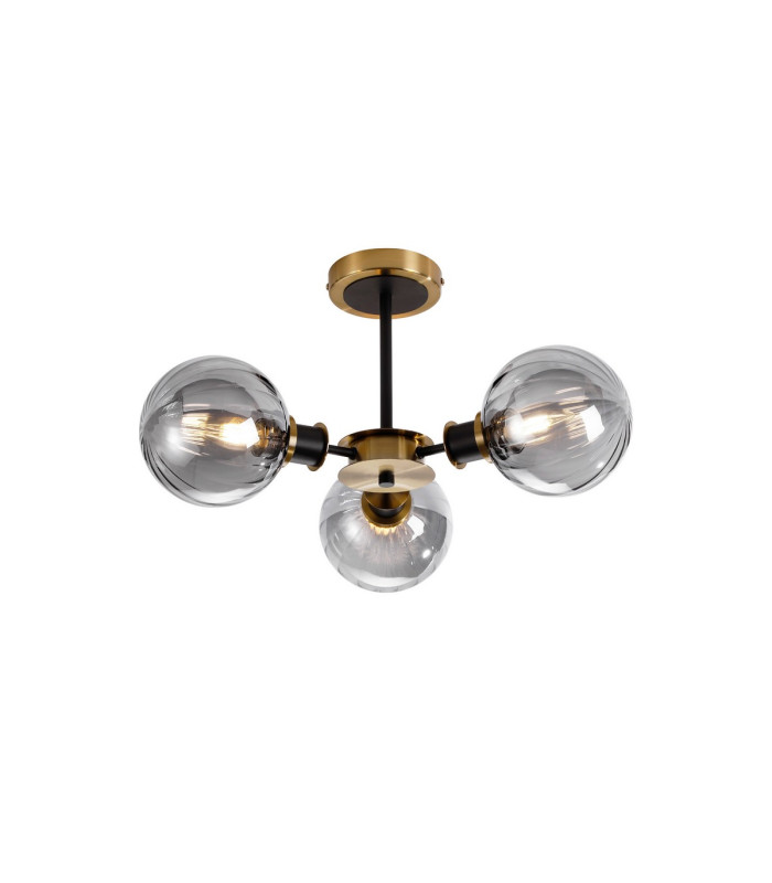 Placid 53cm Semi Ceiling 3 Light E14 15cm Round Segment Glass Shade Brass Smoke Plated & Satin Black-1