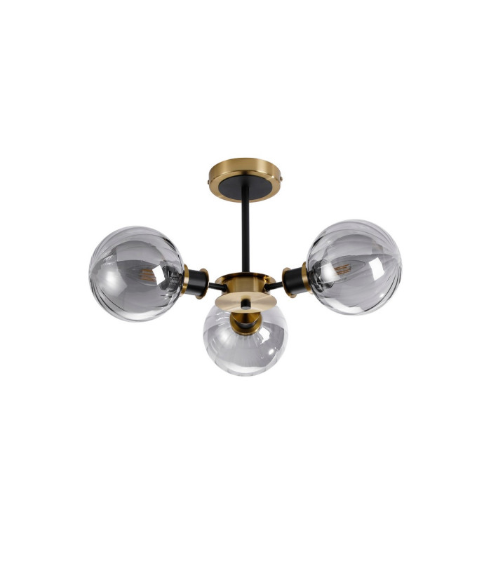 Placid 53cm Semi Ceiling 3 Light E14 15cm Round Segment Glass Shade Brass Smoke Plated & Satin Black-4