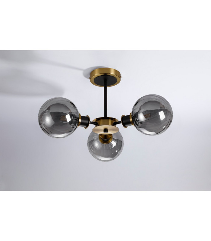 Placid 53cm Semi Ceiling 3 Light E14 15cm Round Segment Glass Shade Brass Smoke Plated & Satin Black-8