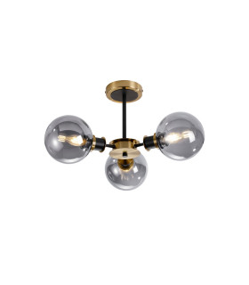 Placid 53cm Semi Ceiling 3 Light E14 15cm Round Glass Shade Brass Smoke Plated & Satin Black-1