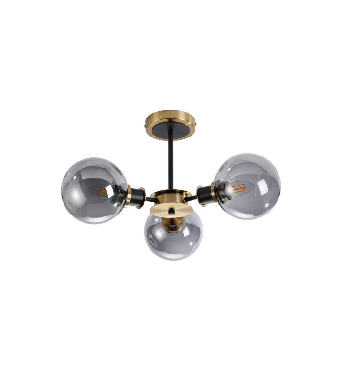Placid 53cm Semi Ceiling 3 Light E14 15cm Round Glass Shade Brass Smoke Plated & Satin Black-4