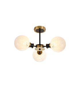 Placid 53cm Semi Ceiling 3 Light E14 15cm Round Speckled Glass Shade Brass White & Satin Black-1