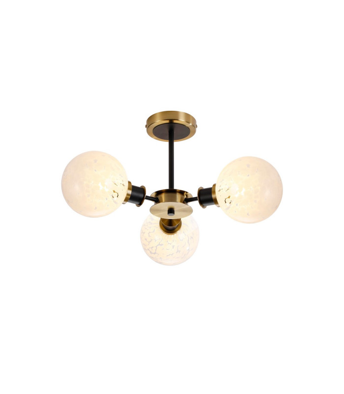 Placid 53cm Semi Ceiling 3 Light E14 15cm Round Speckled Glass Shade Brass White & Satin Black-1