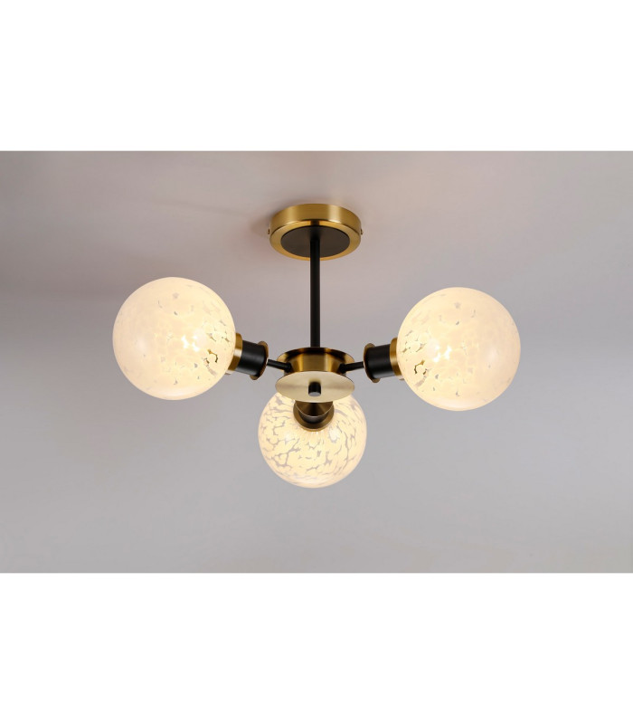 Placid 53cm Semi Ceiling 3 Light E14 15cm Round Speckled Glass Shade Brass White & Satin Black-3