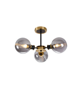 Placid 53cm Semi Ceiling 3 Light E14 15cm Round Textured Smooth / Ribbed Glass Shade Brass Smoke Plated & Satin Black-1