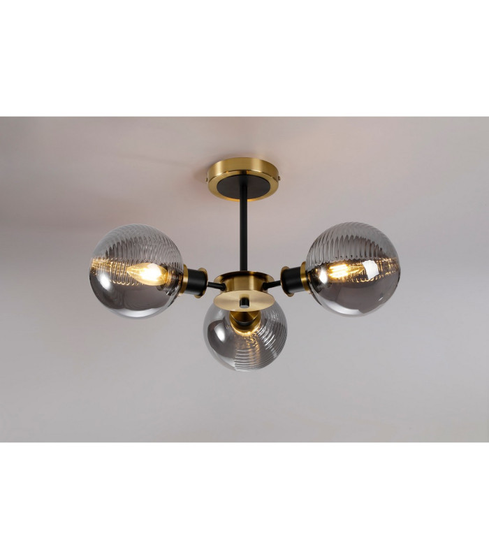 Placid 53cm Semi Ceiling 3 Light E14 15cm Round Textured Smooth / Ribbed Glass Shade Brass Smoke Plated & Satin Black-3