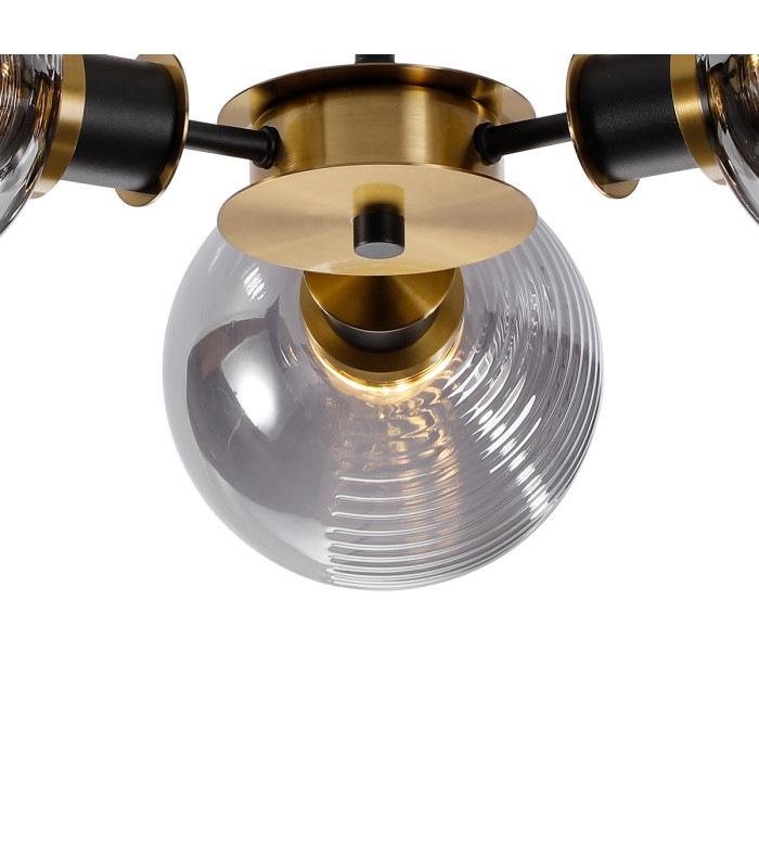 Placid 53cm Semi Ceiling 3 Light E14 15cm Round Textured Smooth / Ribbed Glass Shade Brass Smoke Plated & Satin Black-7