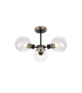 Placid 53cm Semi Ceiling 3 Light E14 15cm Round Glass Shade Satin Nickel Clear & Satin Black-1