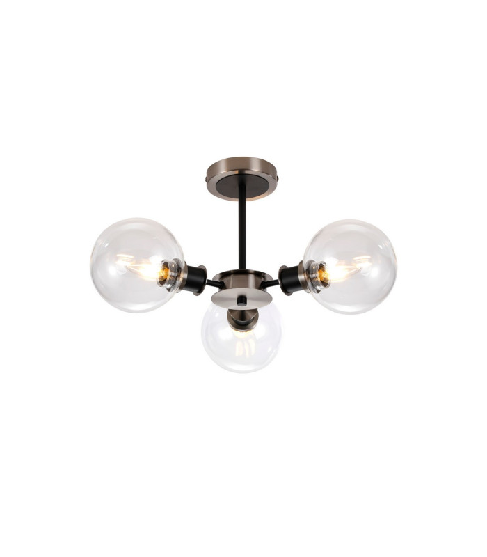 Placid 53cm Semi Ceiling 3 Light E14 15cm Round Glass Shade Satin Nickel Clear & Satin Black-1