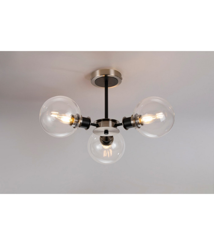 Placid 53cm Semi Ceiling 3 Light E14 15cm Round Glass Shade Satin Nickel Clear & Satin Black-3
