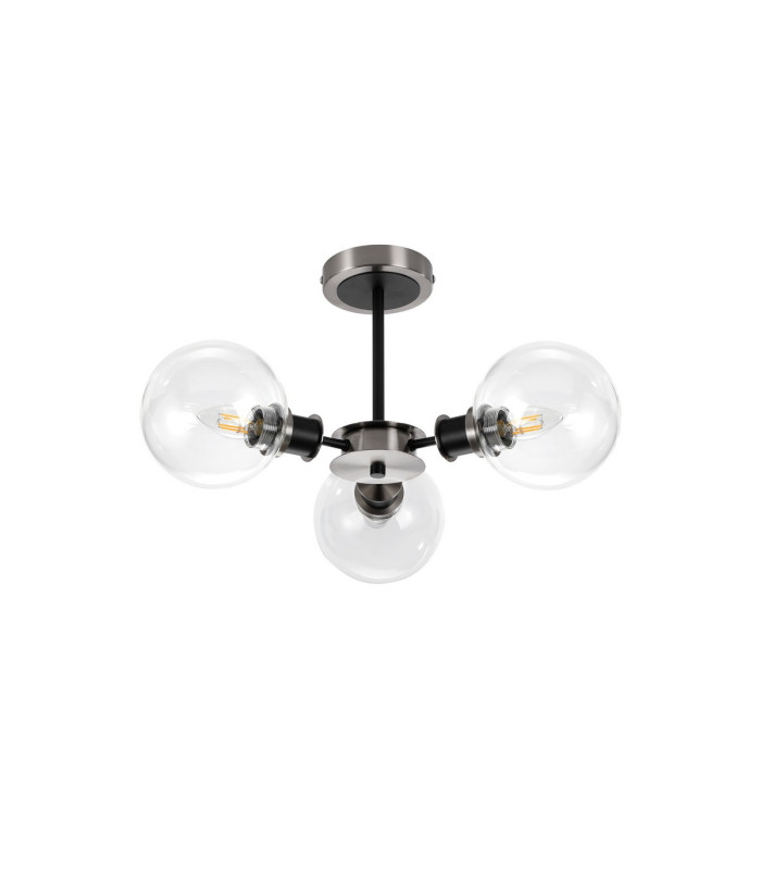 Placid 53cm Semi Ceiling 3 Light E14 15cm Round Glass Shade Satin Nickel Clear & Satin Black-4