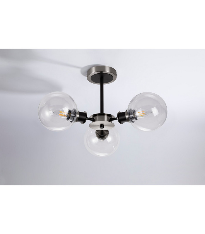 Placid 53cm Semi Ceiling 3 Light E14 15cm Round Glass Shade Satin Nickel Clear & Satin Black-8