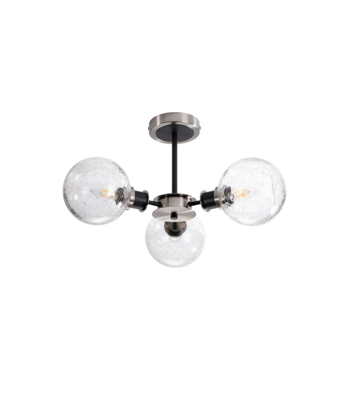 Placid 53cm Semi Ceiling 3 Light E14 15cm Round Crackled Glass Shade Satin Nickel Clear & Satin Black-4