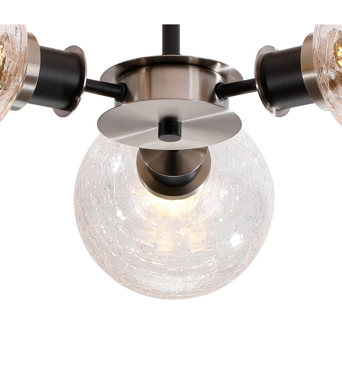 Placid 53cm Semi Ceiling 3 Light E14 15cm Round Crackled Glass Shade Satin Nickel Clear & Satin Black-7