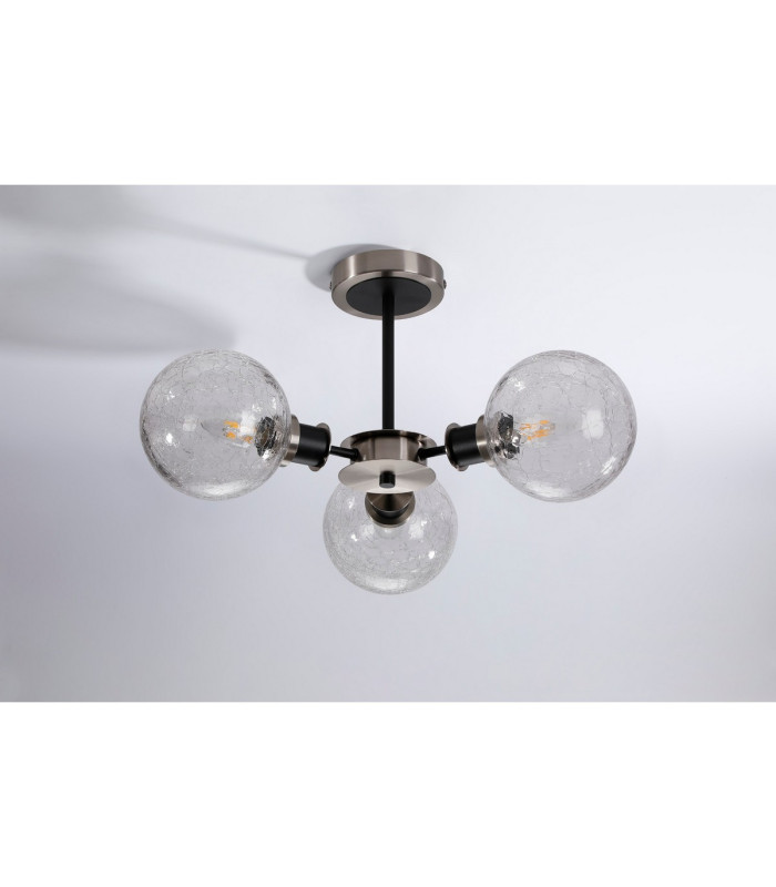 Placid 53cm Semi Ceiling 3 Light E14 15cm Round Crackled Glass Shade Satin Nickel Clear & Satin Black-8