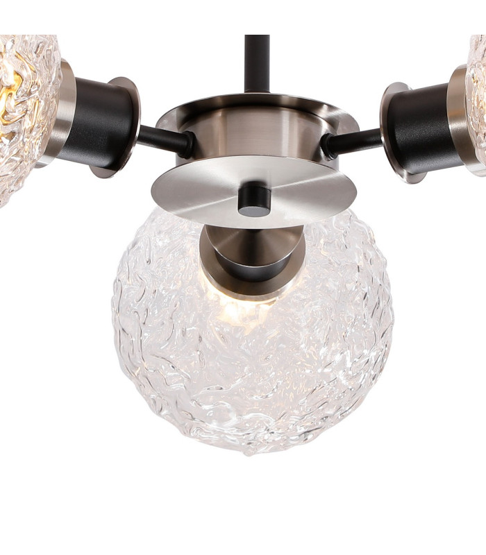 Placid 53cm Semi Ceiling 3 Light E14 15cm Round Textured Crumple Glass Shade Satin Nickel Clear & Satin Black-7