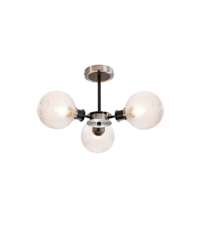 Placid 53cm Semi Ceiling 3 Light E14 15cm Round Textured Diamond Pattern Glass Shade Satin Nickel Clear & Satin Black-1