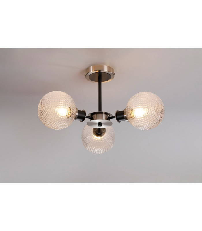 Placid 53cm Semi Ceiling 3 Light E14 15cm Round Textured Diamond Pattern Glass Shade Satin Nickel Clear & Satin Black-3