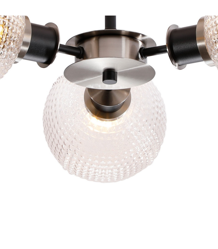 Placid 53cm Semi Ceiling 3 Light E14 15cm Round Textured Diamond Pattern Glass Shade Satin Nickel Clear & Satin Black-7