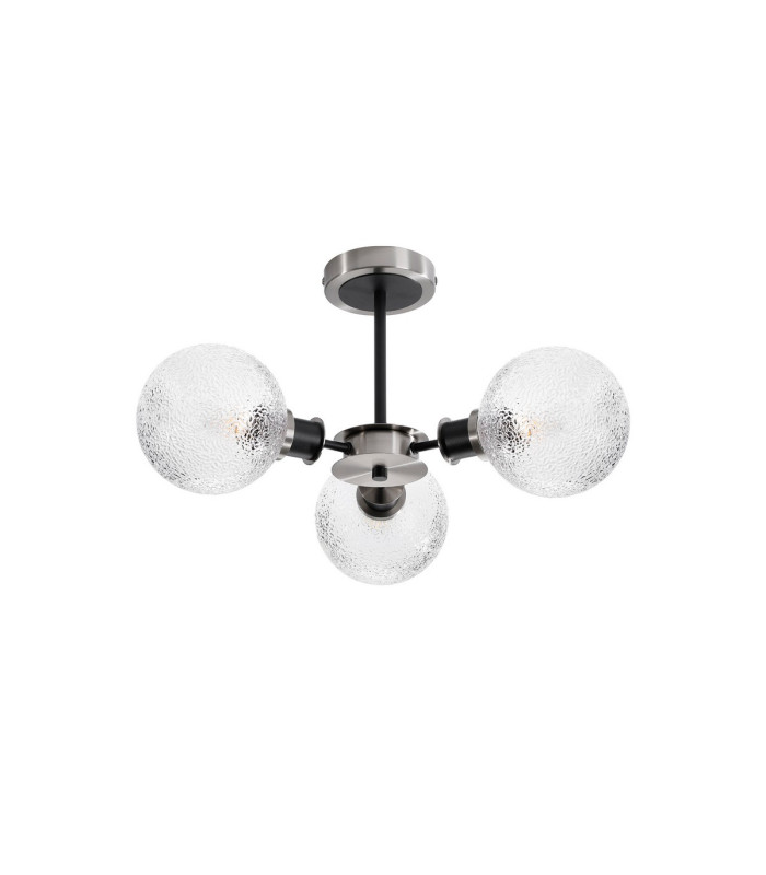 Placid 53cm Semi Ceiling 3 Light E14 15cm Round Dimpled Glass Shade Satin Nickel Clear & Satin Black-4