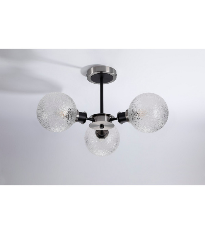 Placid 53cm Semi Ceiling 3 Light E14 15cm Round Dimpled Glass Shade Satin Nickel Clear & Satin Black-8