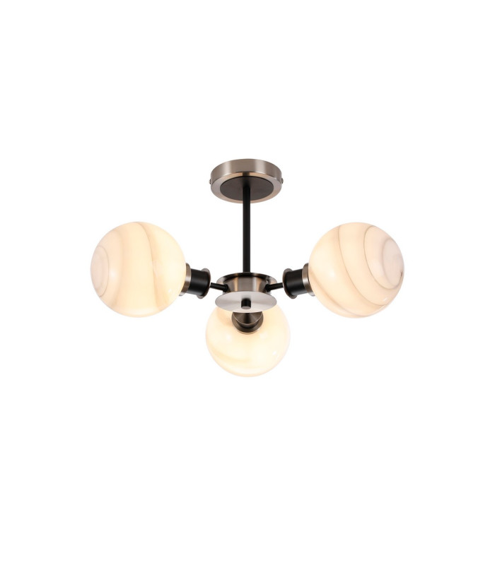 Placid 53cm Semi Ceiling 3x E14 15cm Round White & Grey Marble Effect Glass Shade Satin Nickel & Satin Black Framework-1