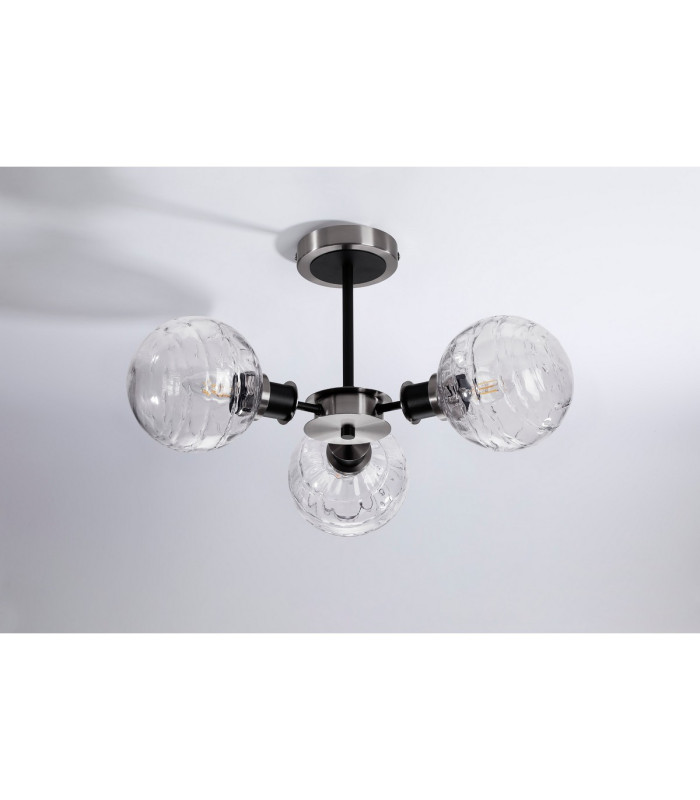 Placid 53cm Semi Ceiling 3 Light E14 15cm Round Textured Melting Glass Shade Satin Nickel Clear & Satin Black-7