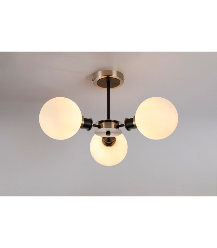 Placid 53cm Semi Ceiling 3 Light E14 15cm Round Glass Shade Satin Nickel Opal & Satin Black-3