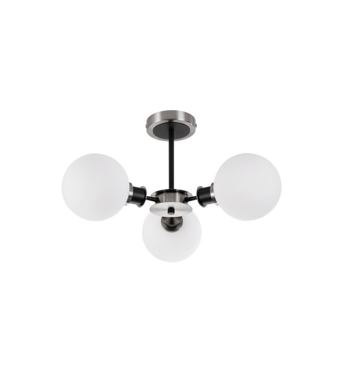 Placid 53cm Semi Ceiling 3 Light E14 15cm Round Glass Shade Satin Nickel Opal & Satin Black-4