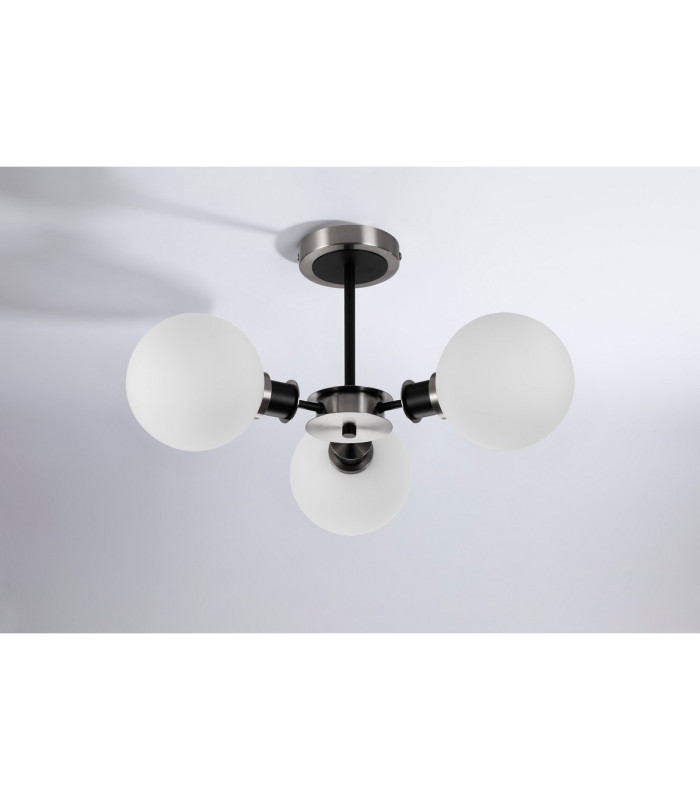 Placid 53cm Semi Ceiling 3 Light E14 15cm Round Glass Shade Satin Nickel Opal & Satin Black-8