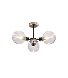 Placid 53cm Semi Ceiling 3 Light E14 15cm Round Ribbed Glass Shade Satin Nickel Clear & Satin Black-1