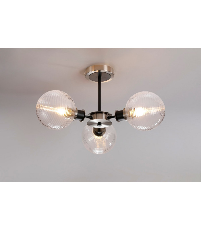 Placid 53cm Semi Ceiling 3 Light E14 15cm Round Ribbed Glass Shade Satin Nickel Clear & Satin Black-3