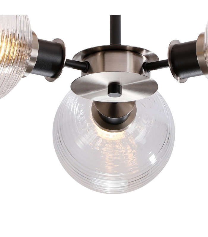 Placid 53cm Semi Ceiling 3 Light E14 15cm Round Ribbed Glass Shade Satin Nickel Clear & Satin Black-7