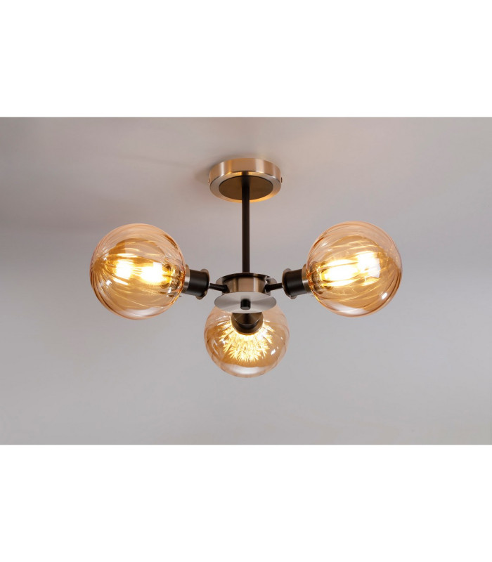 Placid 53cm Semi Ceiling 3 Light E14 15cm Round Segment Glass Shade Satin Nickel Amber Plated & Satin Black-3