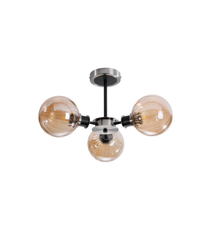 Placid 53cm Semi Ceiling 3 Light E14 15cm Round Segment Glass Shade Satin Nickel Amber Plated & Satin Black-4