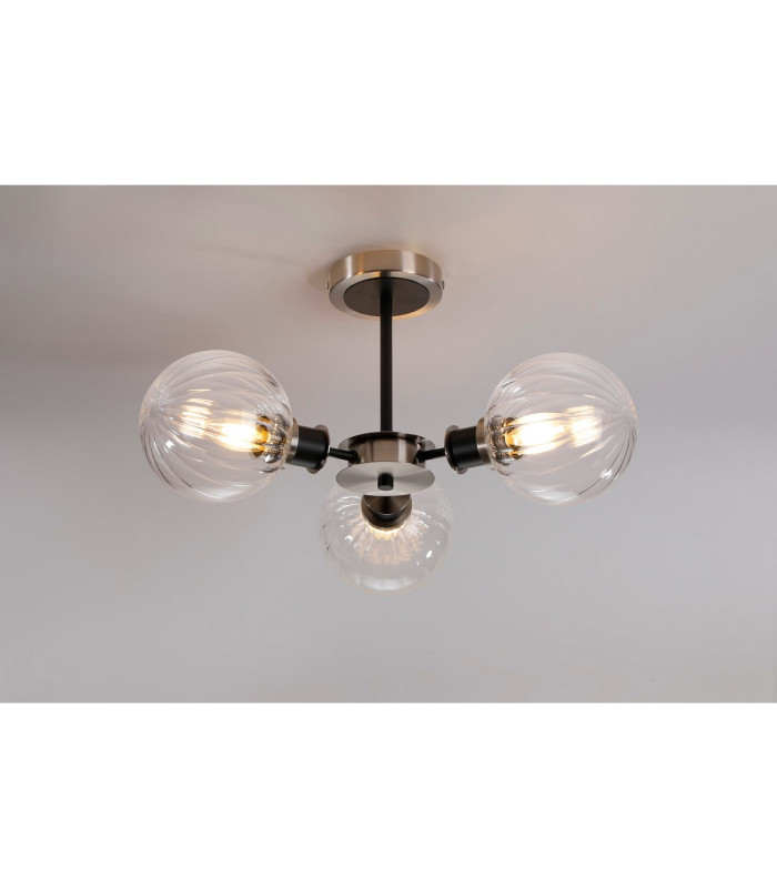Placid 53cm Semi Ceiling 3 Light E14 15cm Round Segment Glass Shade Satin Nickel Clear & Satin Black-3