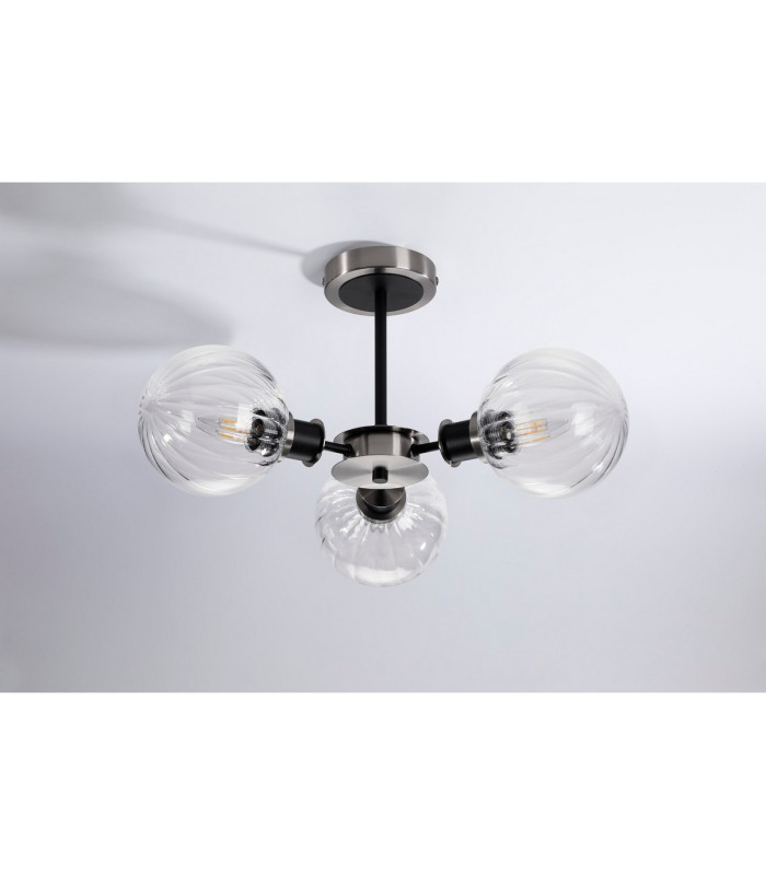 Placid 53cm Semi Ceiling 3 Light E14 15cm Round Segment Glass Shade Satin Nickel Clear & Satin Black-8