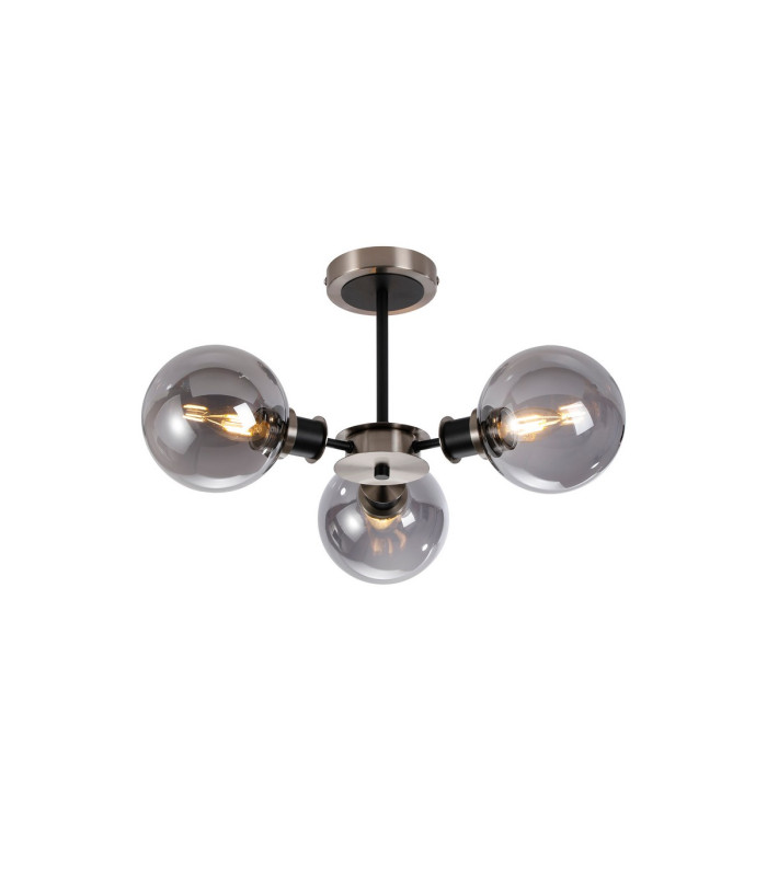 Placid 53cm Semi Ceiling 3 Light E14 15cm Round Glass Shade Satin Nickel Smoke Plated & Satin Black-1