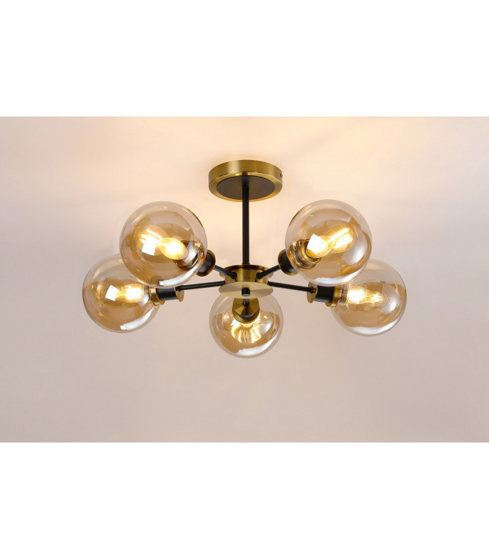 Placid 52cm Semi Ceiling 5 Light E14 15cm Round Glass Shade Brass Amber Plated & Satin Black-3