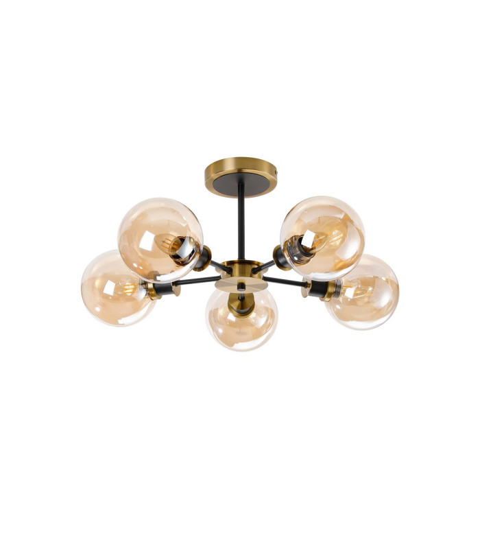 Placid 52cm Semi Ceiling 5 Light E14 15cm Round Glass Shade Brass Amber Plated & Satin Black-4